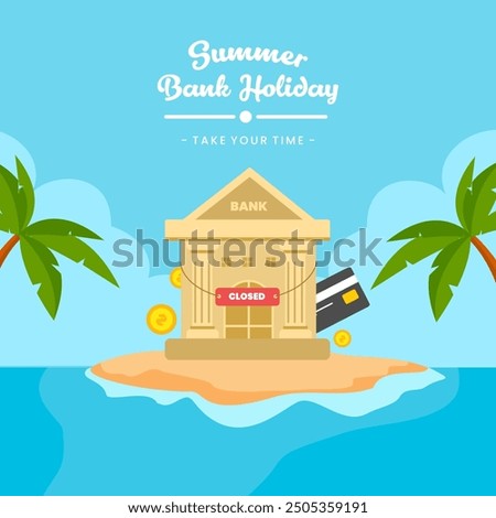 Summer Bank Holiday Square Design with Palm Trees, Closed Bank, and Dollar Icons for Seasonal Campaigns