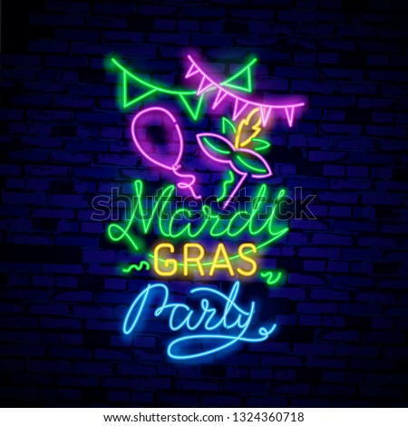 Mardi Grav is a neon sign. Bright glowing banner, neon billboard, neon advertising of carnival. Fat Tuesday Design template, greeting card, flyer. Vector illustration. Editing text neon sign