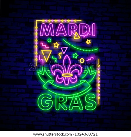 Mardi Grav is a neon sign. Bright glowing banner, neon billboard, neon advertising of carnival. Fat Tuesday Design template, greeting card, flyer. Vector illustration. Editing text neon sign