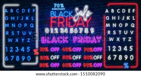 Vector set of realistic isolated neon sign of Black Friday Sale Percent logo for template decoration on dark background. Concept of special offer and e-commerce.