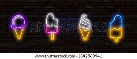 Pop art neon ice cream icons set. Pop art neon sign. Bright signboard, light banner. Set of neon stickers, pins, patches in 80s-90s neon style.