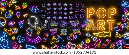 Pop art neon light sign. Bright signboard, light banner. Vector illustration Pop art icons set. Pop art neon sign. Set of neon stickers, pins, patches in 80s-90s neon style.