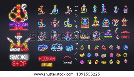 Big set of Hookah bar neon sign, bright signboard, light banner. Neon light Hookah logo, emblem. Vector illustration