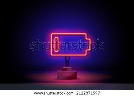 Neon battery icon. Glowing neon accumulator sign, outline electric charge pictogram in vivid colors. Phone battery, electrical charging station.