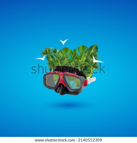 Summer vacation, beach party realistic 3d poster. Travelling tourism holiday time illustration 3d diving mask, tropical leaves on blue background