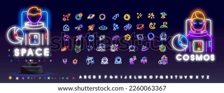 Vector colorful set of space neon lamp icons. Glowing rocket, planets, alien ship, sun, moon, comet and stars