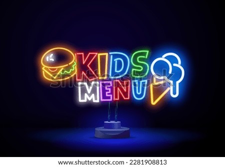 Kids menu advertisement with bacon sandwich, healthy boiled broccoli, french fries and orange juice. Restaurant sign with tasty meal and colorful typography. Vector image.