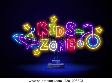 Kids zone neon text with toy car. Amusement park and advertisement design. Night bright neon sign, colorful billboard, light banner. Vector illustration in neon style.