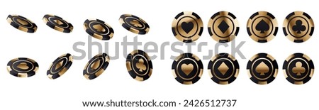 3d golden casino club poker chip rotation vector. Realistic isolated gold and black metal luxury blackjack symbol animation