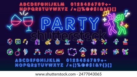 Big set icon. Isolated icon neon style. Theme night club, disco and karaoke. Logo, emblem and label. Line icons colorful. Vector illustration.