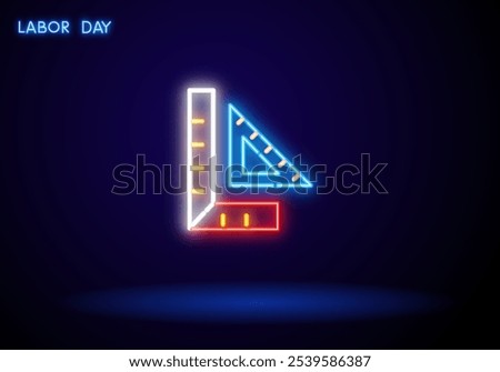 Neon math instruments icons set in line style. Protractor and ruler, compasses and square, theory book and abacus. Vector illustration.