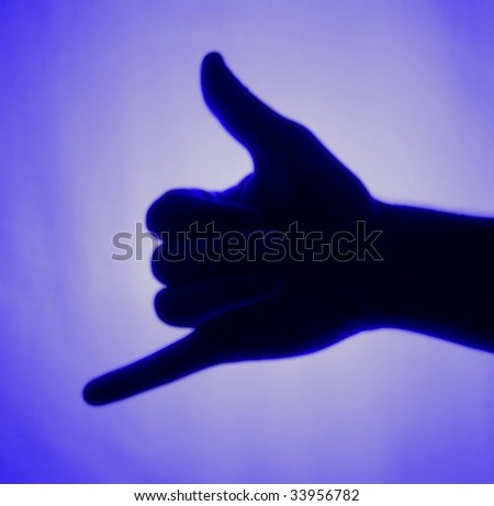 Blue back-lit hand signaling \'call me\'