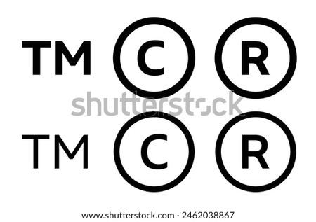 Trademark TM, Registered R, Copyright C vector icon set. Brand register trade mark symbol sheet.