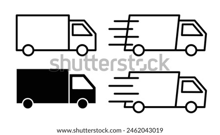 Fast free delivery truck vector icon set. moving cargo shipping service truck sign. courier parcel distribution transport. express shipment delivery logistic truck symbol.