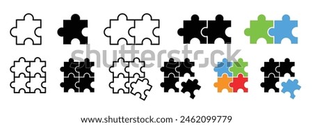 Puzzle icon set. problem solution pictogram. logic combination sign. one, two, four puzzle pieces vector symbols. perfect join fit icon. web plugin sign. 