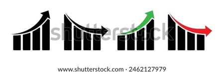 Up and down graph chart vector icon set. growth increase and decrease sign. economy rise and decline symbol. upward or downward trend 
bar chart icon. profit and loss statistics.