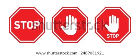 STOP sign set. Red stop roadsign. 