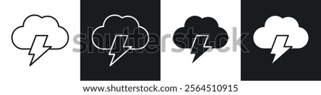 Cloud lightning icons collection in black filled and line style.