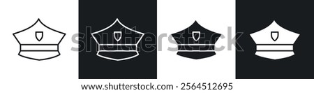 Police cap icons collection in black filled and line style.