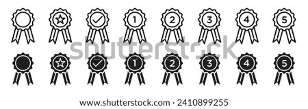 Rosette vector symbol set. quality warranty ribbon icon collection. certificate medal signs. first prize seal. recognition star rosette icons.