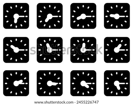 Design icon (glyph) of the square wall clock (time, hour, minute).  00:15, 01:15, 02:15, 03:15, 04:15, 05:15, 06:15, 07:15, 08:15, 09:15, 10:15, 11:15, 12:15, 13:15, 14:15, 15:15, 16:15, 17:15, 18:15,