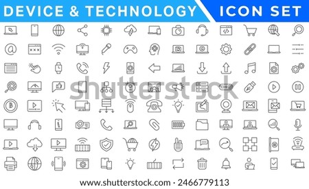 Device and Technology thin line icons set. Web icons. Devices, Computer, Smartphone, Tablet, Mail, Search, Tablet, Cloud, Media icon. Vector illustration
