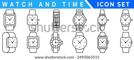 Watch and time wrist vector outline set icon. Isolated outline set icon wristwatch. Vector illustration clock on white background