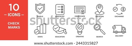 check marks icon set. shield, checklist, certificate, location, exchange, stats, education, creative, icons. outlined icon collection. Vector illustration.