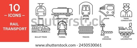 rail transport related vector icon set includs tram, tanker train, metro, train, train, steam, locomotive, and more icons