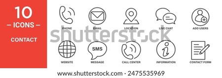 Contact related vector icon set includes phone, email, location, live chat, add users, website, message, call center, information, contact form, and more icons