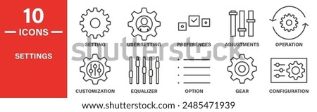 Settings icon set. Includes setting, user setting, preferences, adjustments, operation, customization, equalizer, option, gear, and more icons. Outlined icon collection. Vector illustration.