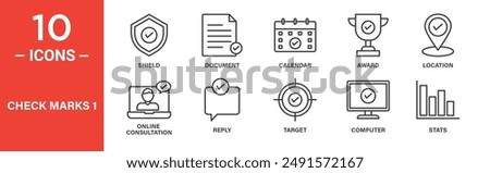 check mark icon set. shield, document, calendar, award, location, icons. outlined icon collection. vector illustration.