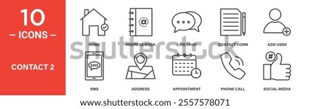 A set of 10 communication and contact icons, including home, address book, live chat, SMS, contact form, add user, appointment, phone call, and social media.