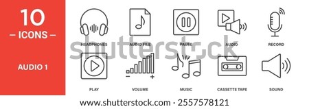 A set of 10 minimalist line icons related to audio, featuring headphones, audio file, pause, play, record, volume, music, cassette tape, and sound.