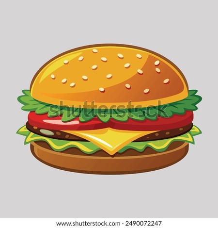 Hamburger with tomato, lettuce, cheese, onion, Burger flat vector icon, Hamburger 3d cartoon vector icon isolated on white background