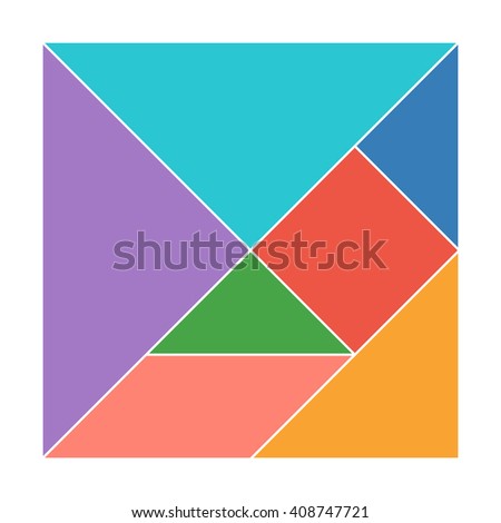 Tangram. Traditional Chinese dissection puzzle, seven tiling pieces - geometric shapes: triangles, square (rhombus), parallelogram. Board game for kids that helps to develop analytical skills. Vector