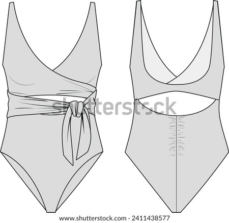 Technical flat sketch of swimming suit, with front and back view, separate bikini swimming suit with twisting details. Vector illustration EPS 10