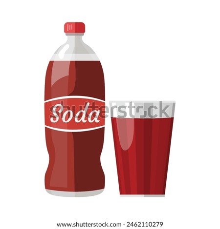  Sweet red soda bottle and faceted glass with drink. Flat vector icons of soda water isolated on white background