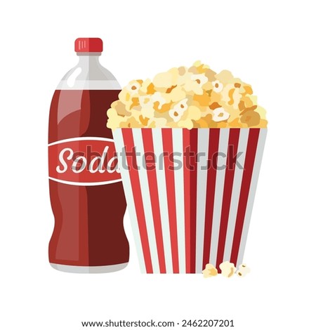 Popcorn, soda bottle in flat style isolated on white background. Popcorn and soda icon. Vector image. 