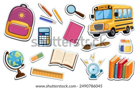  Back to school. Vector set of stickers with school supplies. Cute school icons backpack, bus, globe, books, pencils, ruler, magnifying glass, bell, calculator, brush. Isolated