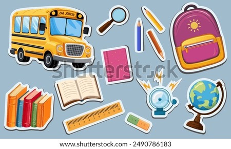 Back to school. Vector set of school supplies stickers. Cute school icons backpack, bus, globe, books, pencils, ruler, magnifying glass, bell. 