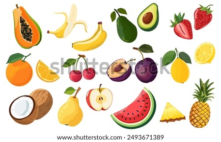 Set of fruit and berry icons. Natural tropical fruits.  Papaya, banana, avocado, pineapple, coconut, strawberry, watermelon, orange, lemon, cherry, plum, pear, apple. Vector illustration. Isolated