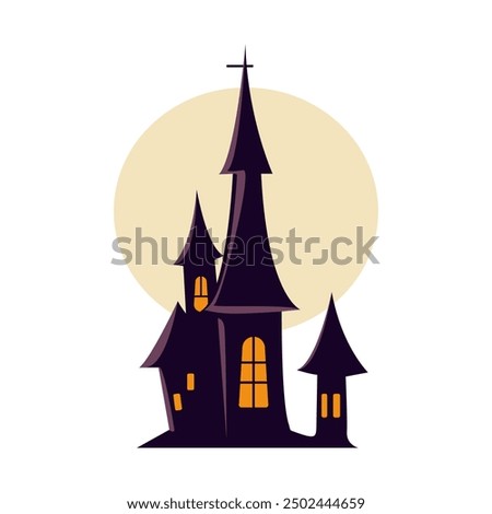 Haunted house simple Halloween-themed vector illustration under a glowing moon. Isolated on white background