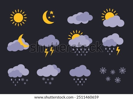 Vector set of weather icons on dark background. Vector illustration. Clouds, sun, crescent moon, thunderstorm, day and night, snow and rain for forecast design. Winter and summer symbols, sticker