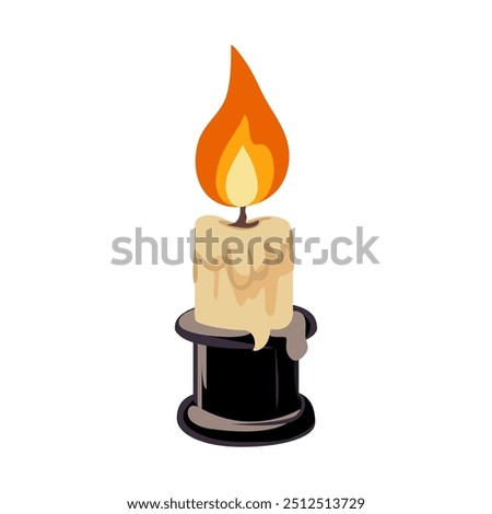 Vector illustration of black candle holder with burning candle. Halloween elements in flat shape isolated on white background. Illustration for logos, badges, banners, labels, posters