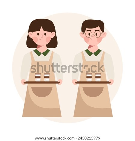 Waiter and Waitress Holding a Tray and Coffees Flat Illustration