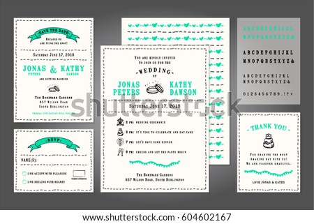 Vintage wedding invitation design set with Invitation card (front and back), Save the date, RSVP card and Thank you card, Including alphabet to make cards easy customizable.