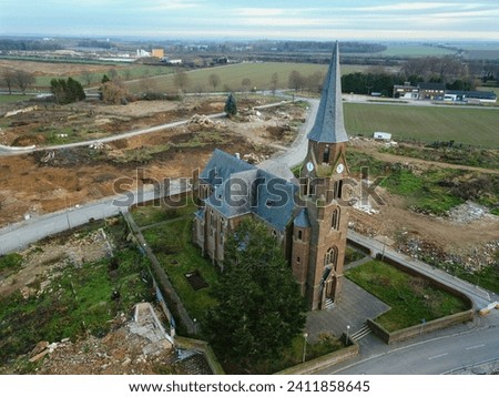 Image, Stock Photo church in Manheim, a village that is being demolished for open-cast lignite mining, view through a hole in a brick wall