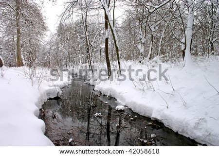 Winter landscape with fresh white snow, trees and river.