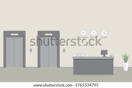 Administrator workplace in  hotel or bank with elevators. Interior of a modern reception desk in the waiting room or lobby of business office with lifts .Vector flat illustration